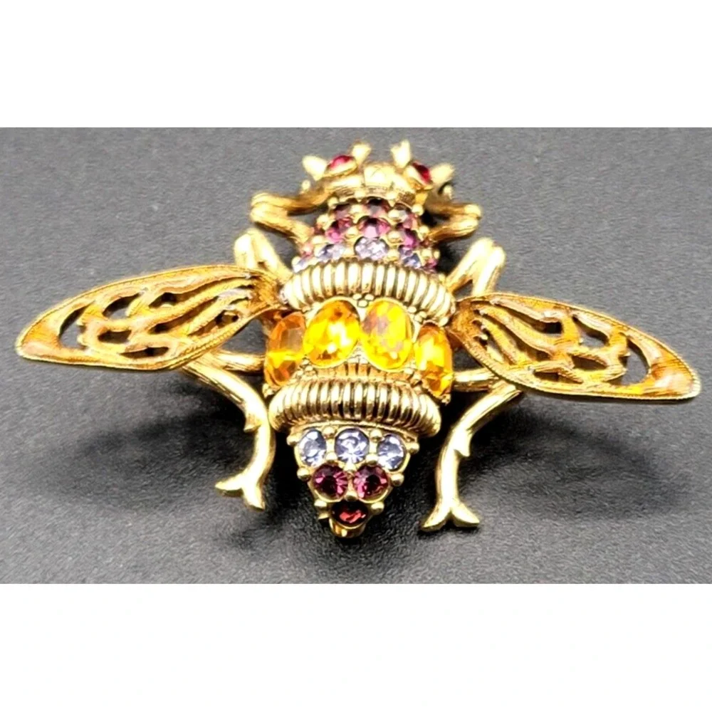JOAN RIVERS BUMBLEBEE BROOCH‎ PIN MULTI-COLOR CRYSTAL SIGNED RED ORANGE RED EYES